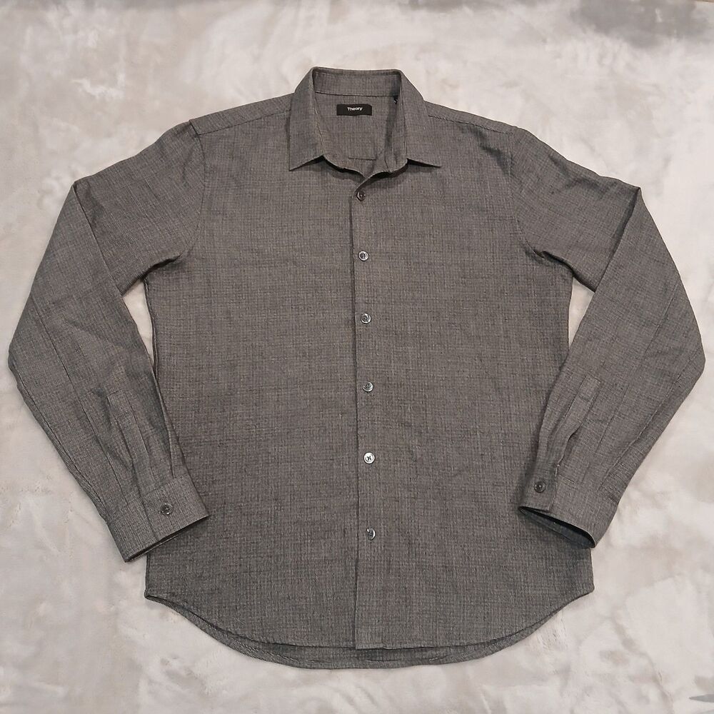Theory Rammy NP Shirt Mens Medium 100% Wool Brown Mother of Pearl Button Up